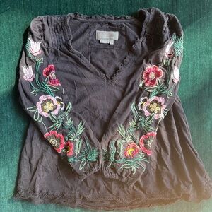 Anthropologie Embroidered Black Floral Women's Top 100% cotton bohemian